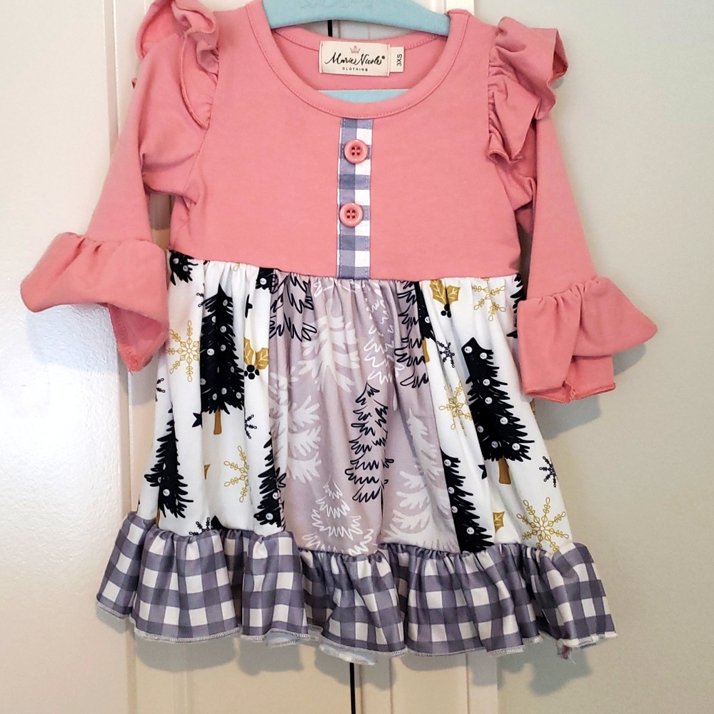Tree print dress 6-12m 3xs Christmas plaid bell ruffle sleeves
